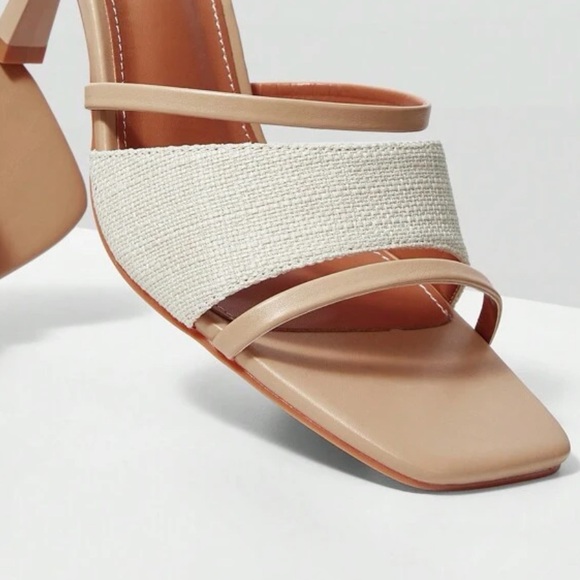 Cognac brown and cream canvas open toe strappy heels - Picture 7 of 7
